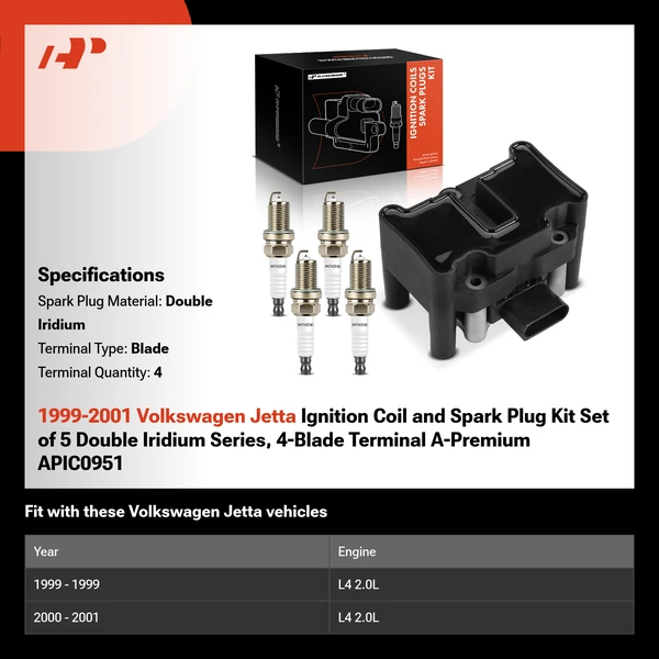 1999-2001 Volkswagen Jetta Ignition Coil and Spark Plug Kit Set of 5 Double Iridium Series, 4-Blade Terminal A-Premium APIC0951