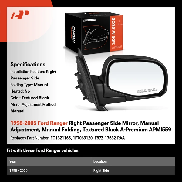 1998-2005 Ford Ranger Right Passenger Side Mirror, Manual Adjustment, Manual Folding, Textured Black A-Premium APMI559