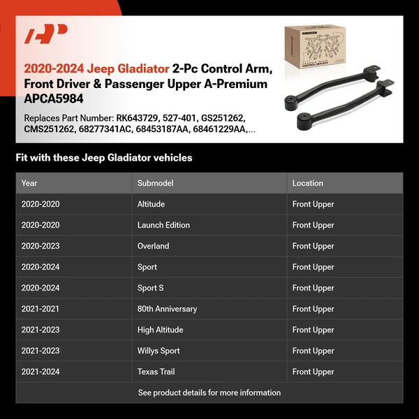 2020-2024 Jeep Gladiator 2-Pc Control Arm, Front Driver & Passenger Upper A-Premium APCA5984