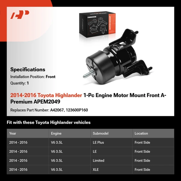 2014-2016 Toyota Highlander 1-Pc Engine Motor Mount Front A-Premium APEM2049