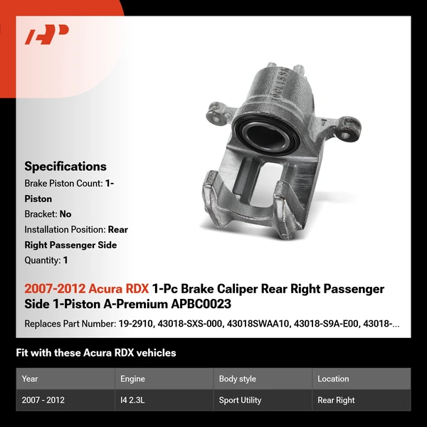 2007-2012 Acura RDX 1-Pc Brake Caliper Rear Right Passenger Side 1-Piston A-Premium APBC0023