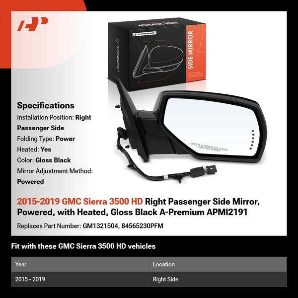 2015-2019 GMC Sierra 3500 HD Right Passenger Side Mirror, Powered, with Heated, Gloss Black A-Premium APMI2191