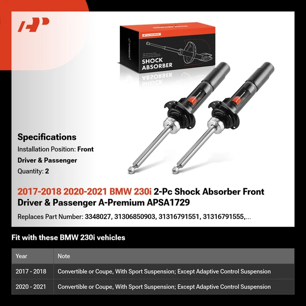 2017-2018 2020-2021 BMW 230i 2-Pc Shock Absorber Front Driver & Passenger A-Premium APSA1729