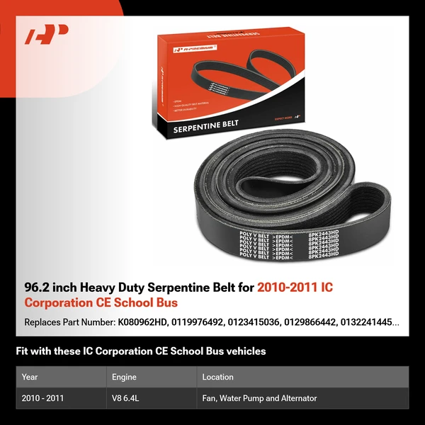 96.2 inch Heavy Duty Serpentine Belt for 2010-2011 IC Corporation CE School Bus