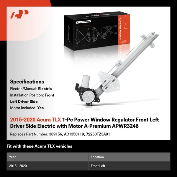 2015-2020 Acura TLX 1-Pc Power Window Regulator Front Left Driver Side Electric with Motor A-Premium APWR3246