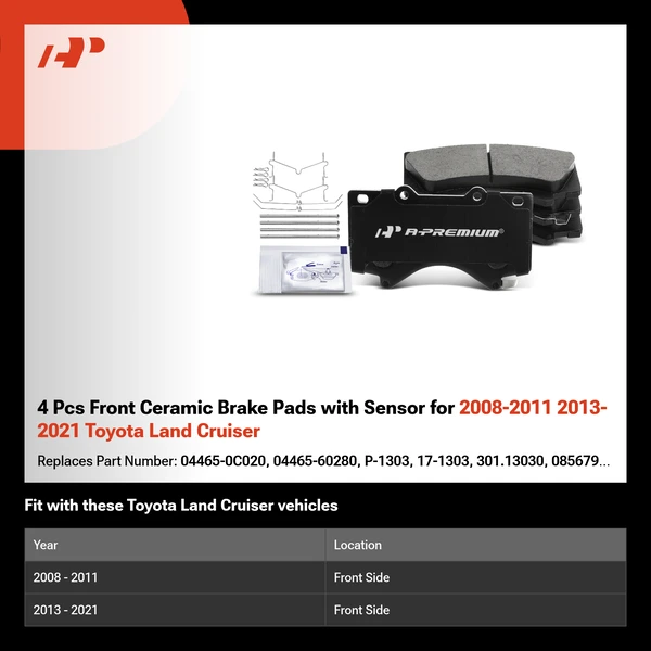4 Pcs Front Ceramic Brake Pads with Sensor for 2008-2011 2013-2021 Toyota Land Cruiser