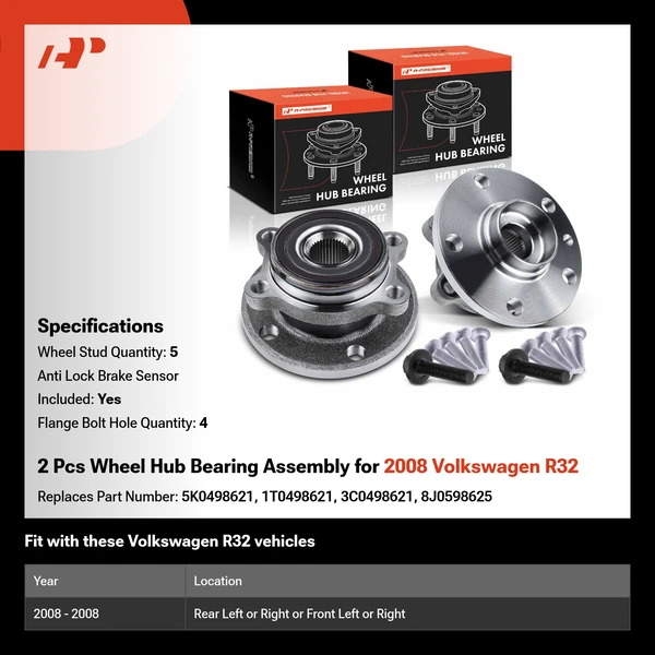 2 Pcs Wheel Hub Bearing Assembly for 2008 Volkswagen R32