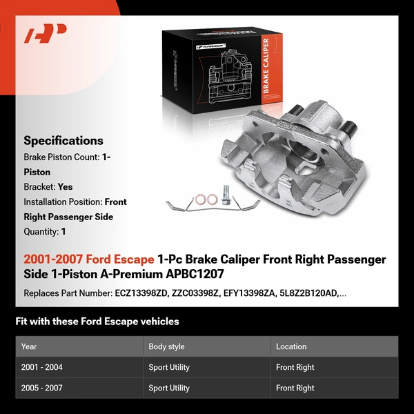 2001-2007 Ford Escape 1-Pc Brake Caliper Front Right Passenger Side 1-Piston A-Premium APBC1207