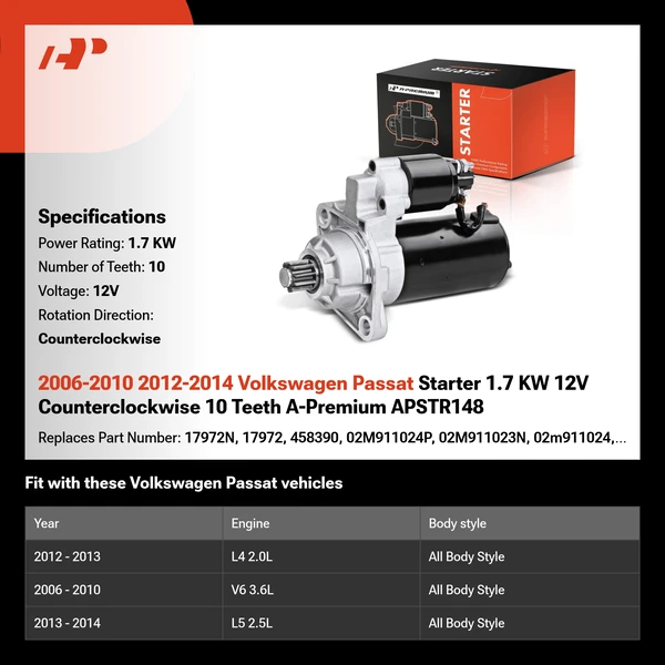 2006-2010 2012-2014 Volkswagen Passat Starter 1.7 KW 12V Counterclockwise 10 Teeth A-Premium APSTR148