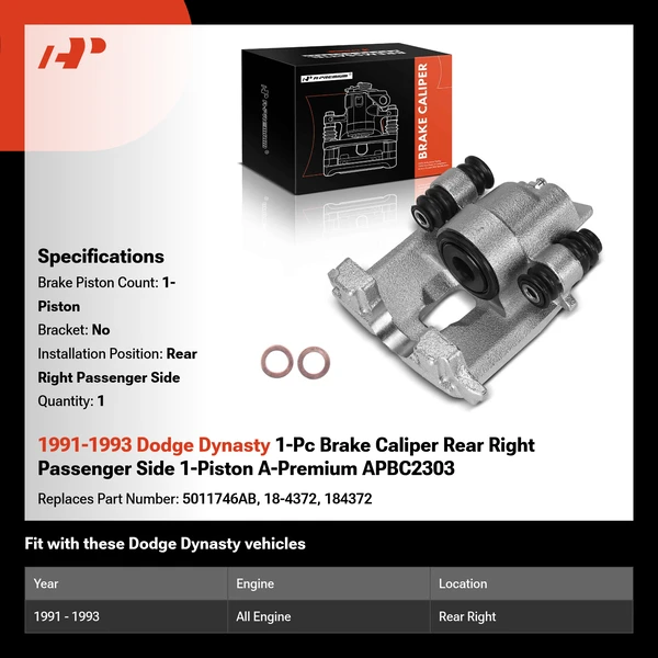 1991-1993 Dodge Dynasty 1-Pc Brake Caliper Rear Right Passenger Side 1-Piston A-Premium APBC2303