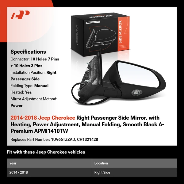 2014-2018 Jeep Cherokee Right Passenger Side Mirror, with Heating, Power Adjustment, Manual Folding, Smooth Black A-Premium APMI1410TW