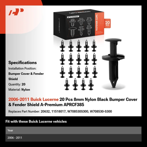 2006-2011 Buick Lucerne 20 Pcs 8mm Nylon Black Bumper Cover & Fender Shield A-Premium APRCF385