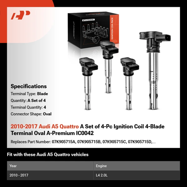 2010-2017 Audi A5 Quattro A Set of 4-Pc Ignition Coil 4-Blade Terminal Oval A-Premium IC0042