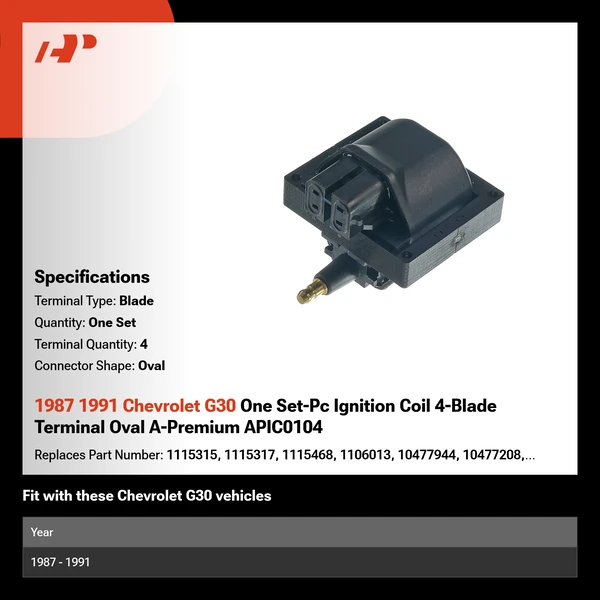 1987 1991 Chevrolet G30 One Set-Pc Ignition Coil 4-Blade Terminal Oval A-Premium APIC0104