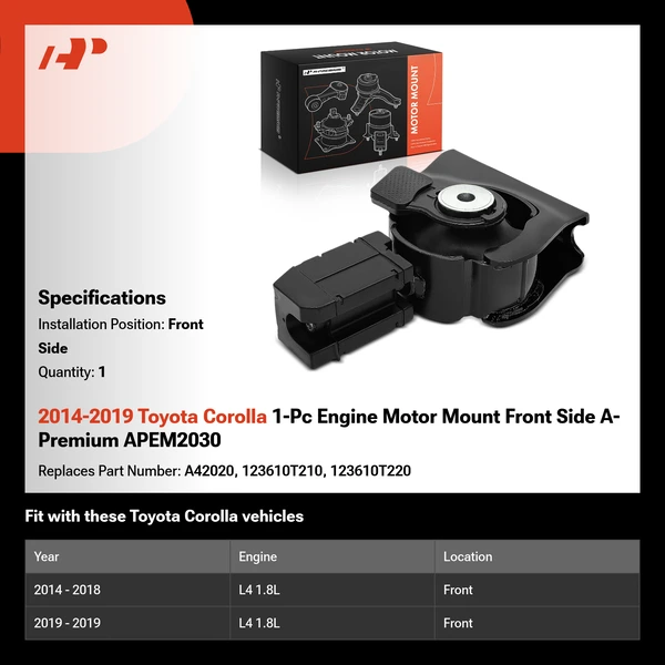 2014-2019 Toyota Corolla 1-Pc Engine Motor Mount Front Side A-Premium APEM2030