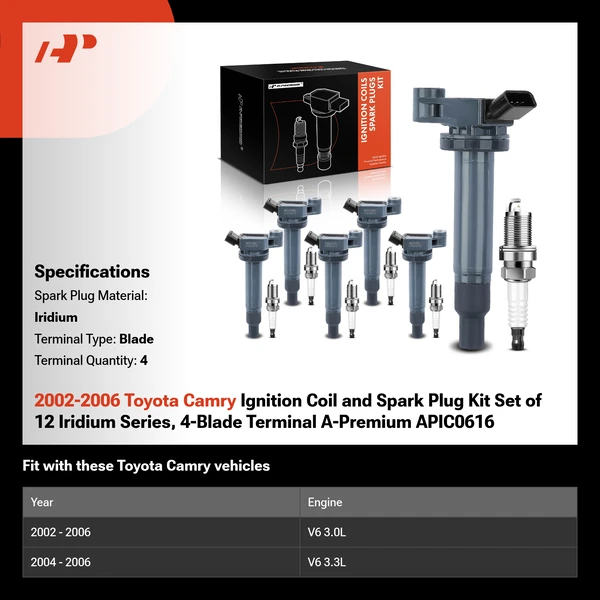 2002-2006 Toyota Camry Ignition Coil and Spark Plug Kit Set of 12 Iridium Series, 4-Blade Terminal A-Premium APIC0616