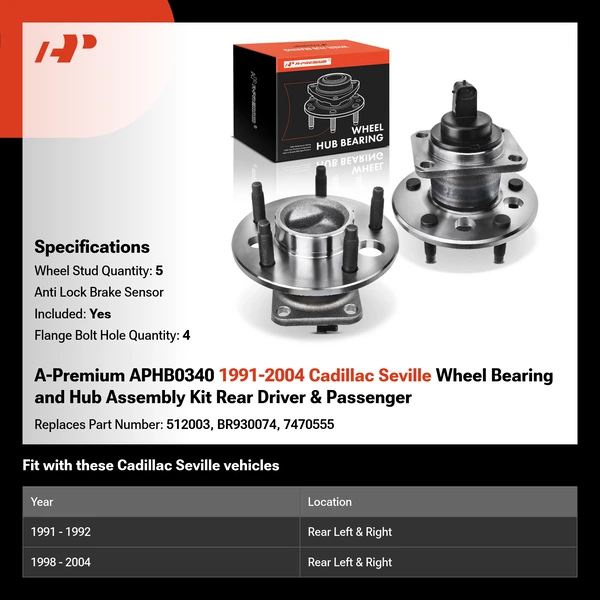 A-Premium APHB0340 1991-2004 Cadillac Seville Wheel Bearing and Hub Assembly Kit Rear Driver & Passenger