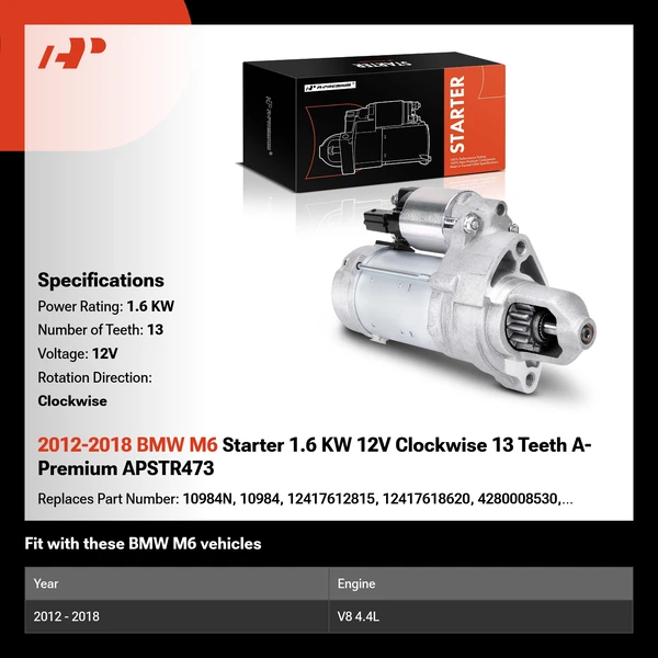 2012-2018 BMW M6 Starter 1.6 KW 12V Clockwise 13 Teeth A-Premium APSTR473