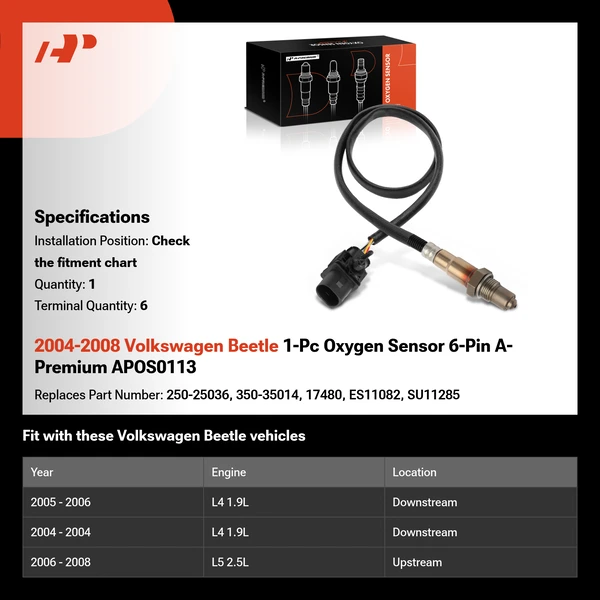 2004-2008 Volkswagen Beetle 1-Pc Oxygen Sensor 6-Pin A-Premium APOS0113