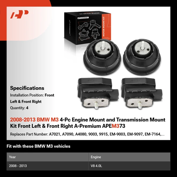 2008-2013 BMW M3 4-Pc Engine Mount and Transmission Mount Kit Front Left & Front Right A-Premium APEM373