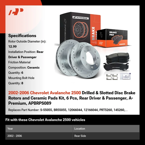 2002-2006 Chevrolet Avalanche 2500 Drilled & Slotted Disc Brake Rotors and Ceramic Pads Kit, 6 Pcs, Rear Driver & Passenger, A-Premium, APBRPS089