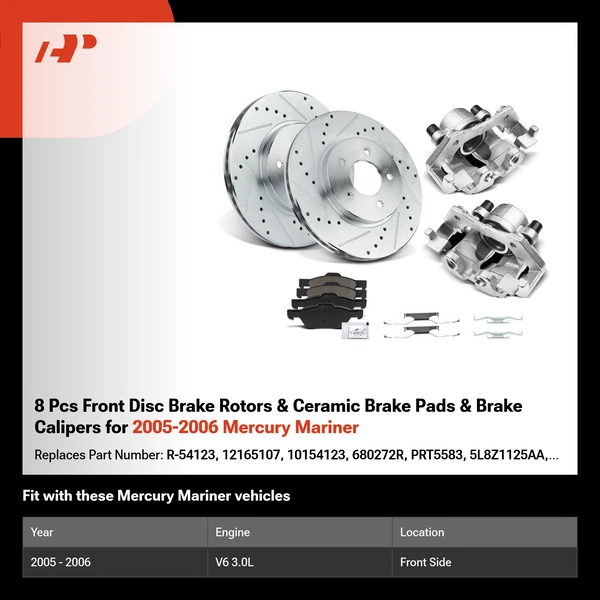 8 Pcs Front Disc Brake Rotors & Ceramic Brake Pads & Brake Calipers for 2005-2006 Mercury Mariner