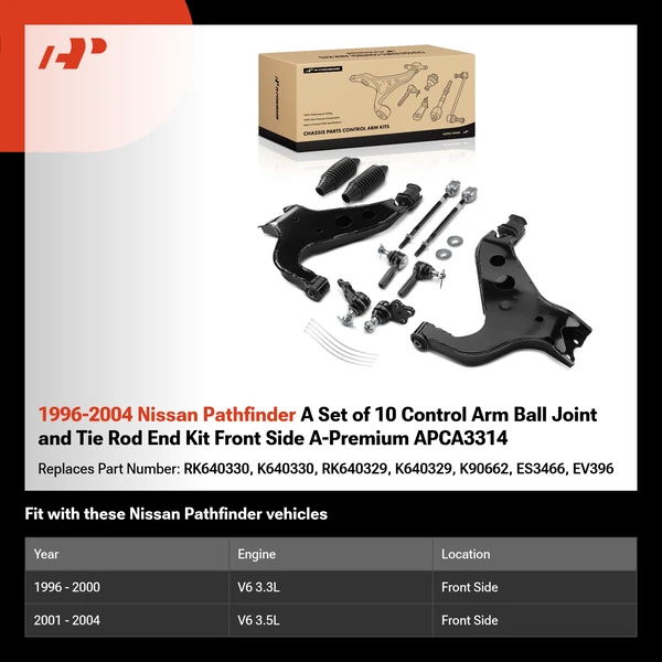 1996-2004 Nissan Pathfinder A Set of 10 Control Arm Ball Joint and Tie Rod End Kit Front Side A-Premium APCA3314