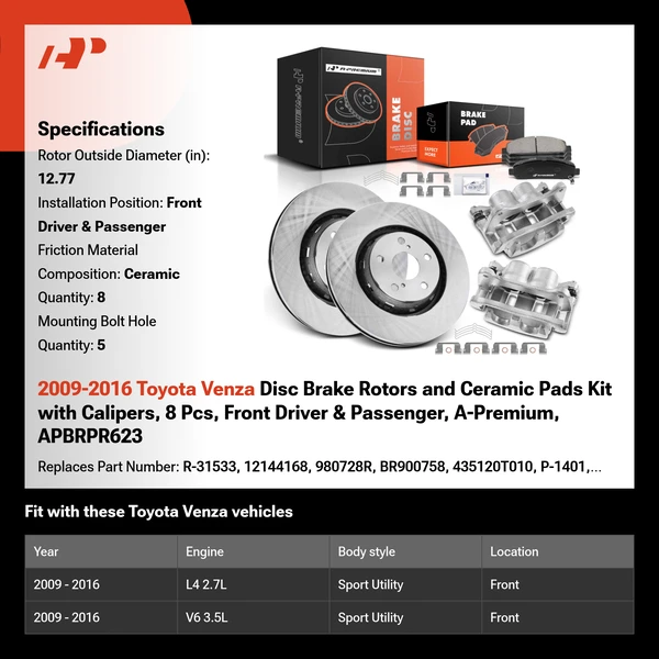 2009-2016 Toyota Venza Disc Brake Rotors and Ceramic Pads Kit with Calipers, 8 Pcs, Front Driver & Passenger, A-Premium, APBRPR623
