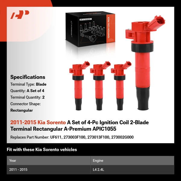 2011-2015 Kia Sorento A Set of 4-Pc Ignition Coil 2-Blade Terminal Rectangular A-Premium APIC1055