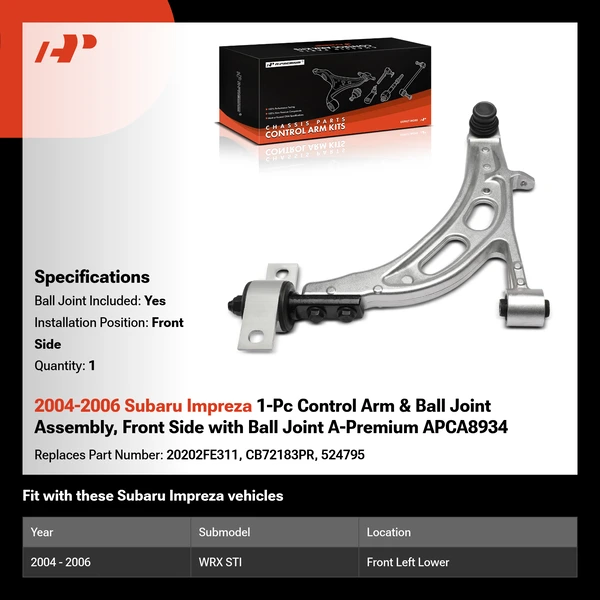 2004-2006 Subaru Impreza 1-Pc Control Arm & Ball Joint Assembly, Front Side with Ball Joint A-Premium APCA8934