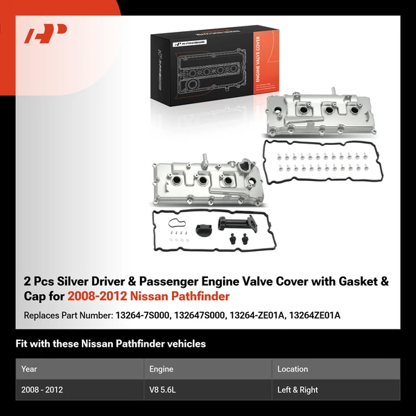 2 Pcs Silver Driver & Passenger Engine Valve Cover with Gasket & Cap for 2008-2012 Nissan Pathfinder