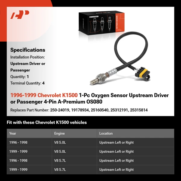 1996-1999 Chevrolet K1500 1-Pc Oxygen Sensor Upstream Driver or Passenger 4-Pin A-Premium OS080