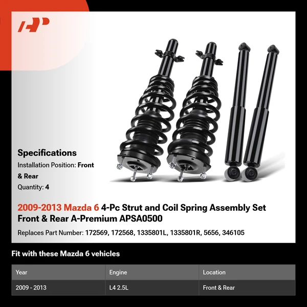 2009-2013 Mazda 6 4-Pc Strut and Coil Spring Assembly Set Front & Rear A-Premium APSA0500