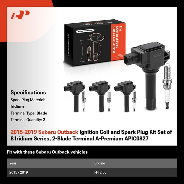 2015-2019 Subaru Outback Ignition Coil and Spark Plug Kit Set of 8 Iridium Series, 2-Blade Terminal A-Premium APIC0827