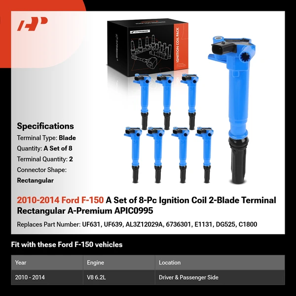 2010-2014 Ford F-150 A Set of 8-Pc Ignition Coil 2-Blade Terminal Rectangular A-Premium APIC0995