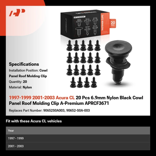 1997-1999 2001-2003 Acura CL 20 Pcs 6.9mm Nylon Black Cowl Panel Roof Molding Clip A-Premium APRCF3671