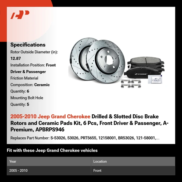 2005-2010 Jeep Grand Cherokee Drilled & Slotted Disc Brake Rotors and Ceramic Pads Kit, 6 Pcs, Front Driver & Passenger, A-Premium, APBRPS946