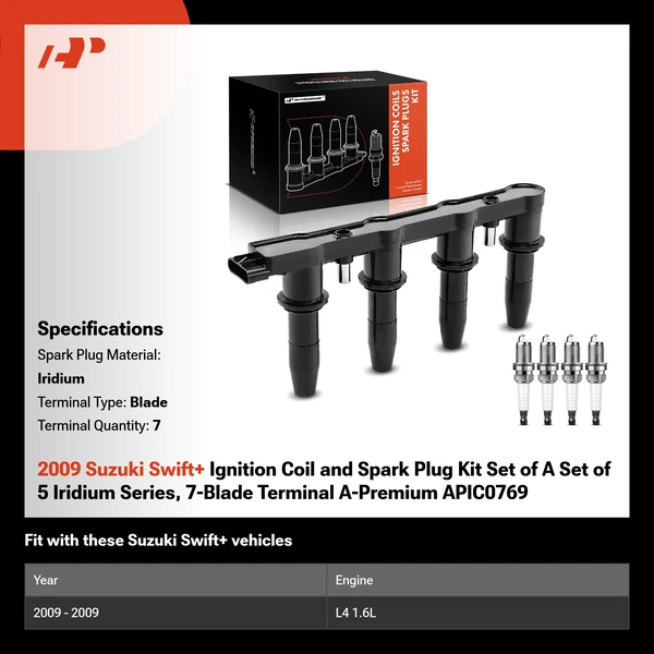 2009 Suzuki Swift+ Ignition Coil and Spark Plug Kit Set of A Set of 5 Iridium Series, 7-Blade Terminal A-Premium APIC0769