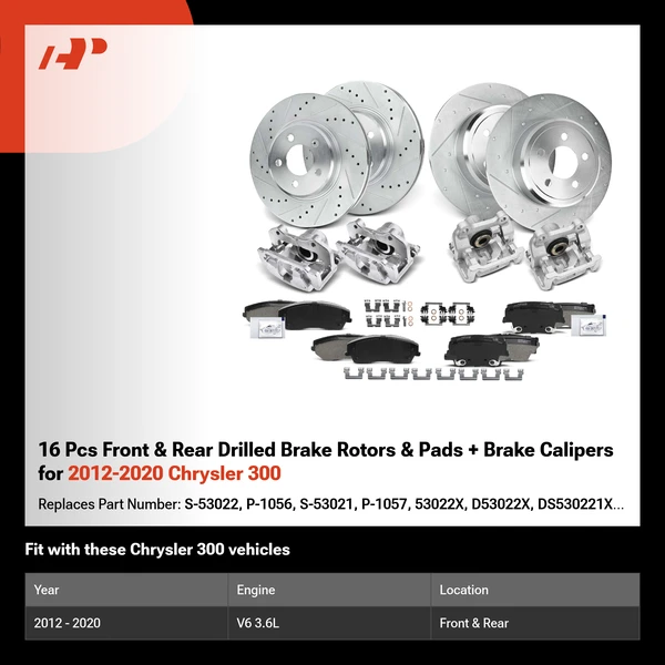 16 Pcs Front & Rear Drilled Brake Rotors & Pads + Brake Calipers for 2012-2020 Chrysler 300