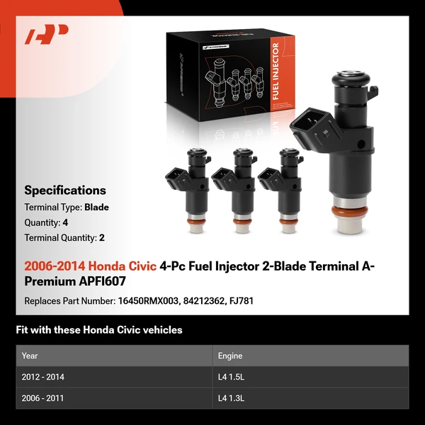 2006-2014 Honda Civic 4-Pc Fuel Injector 2-Blade Terminal A-Premium APFI607