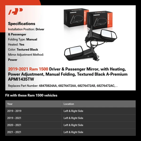 2019-2021 Ram 1500 Driver & Passenger Mirror, with Heating, Power Adjustment, Manual Folding, Textured Black A-Premium APMI1435TW