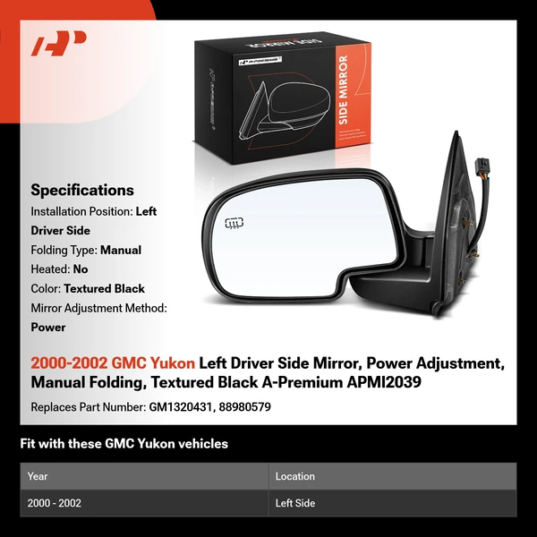 2000-2002 GMC Yukon Left Driver Side Mirror, Power Adjustment, Manual Folding, Textured Black A-Premium APMI2039