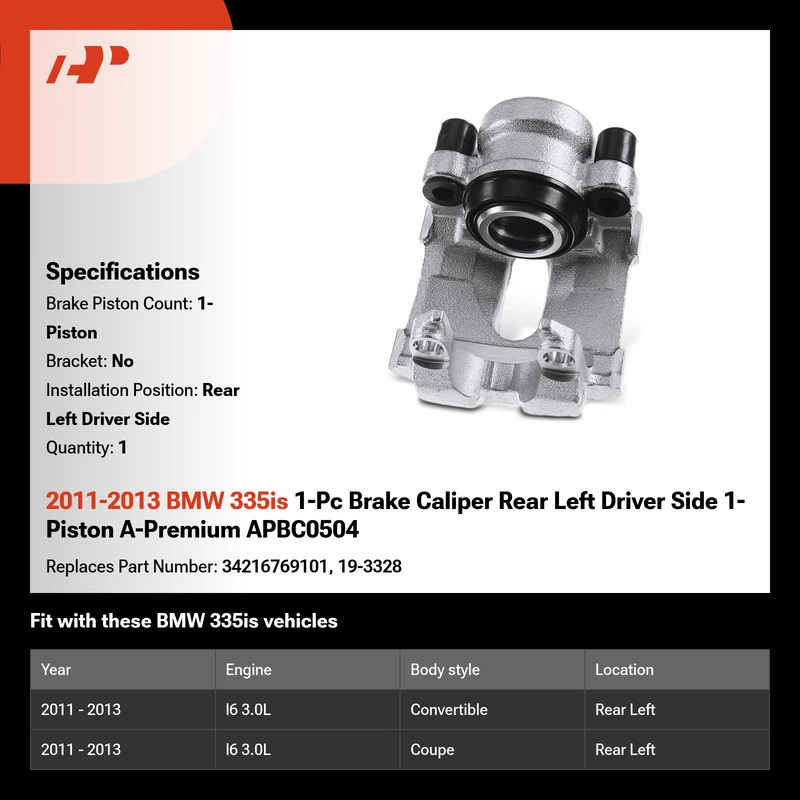 2011-2013 BMW 335is 1-Pc Brake Caliper Rear Left Driver Side 1-Piston A-Premium APBC0504