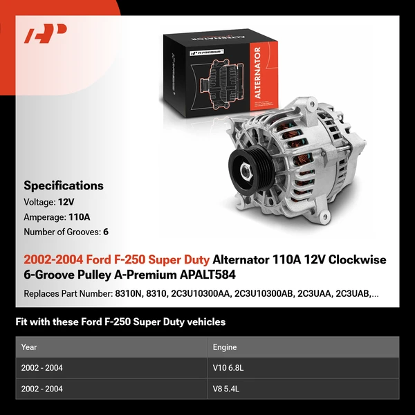 2002-2004 Ford F-250 Super Duty Alternator 110A 12V Clockwise 6-Groove Pulley A-Premium APALT584