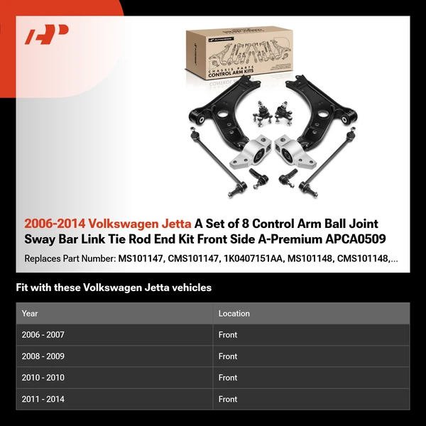 2006-2014 Volkswagen Jetta A Set of 8 Control Arm Ball Joint Sway Bar Link Tie Rod End Kit Front Side A-Premium APCA0509
