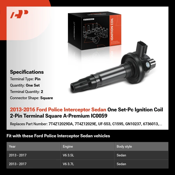 2013-2016 Ford Police Interceptor Sedan One Set-Pc Ignition Coil 2-Pin Terminal Square A-Premium IC0059