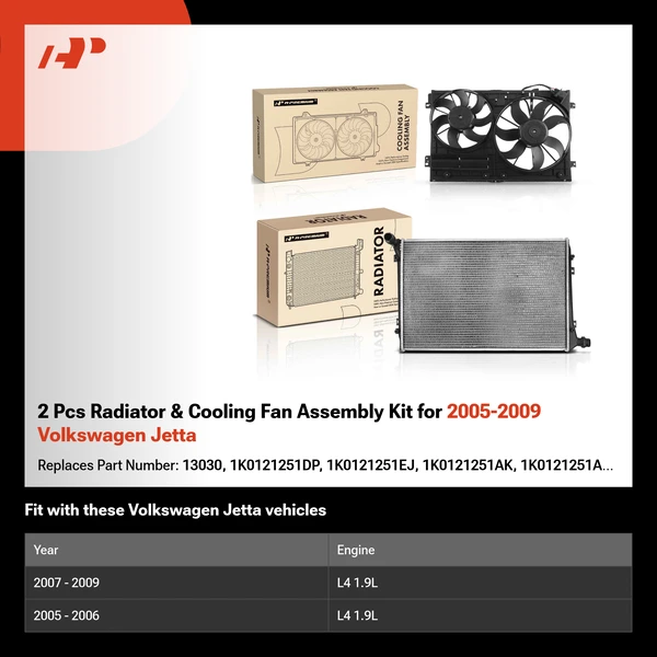 2 Pcs Radiator & Cooling Fan Assembly Kit for 2005-2009 Volkswagen Jetta