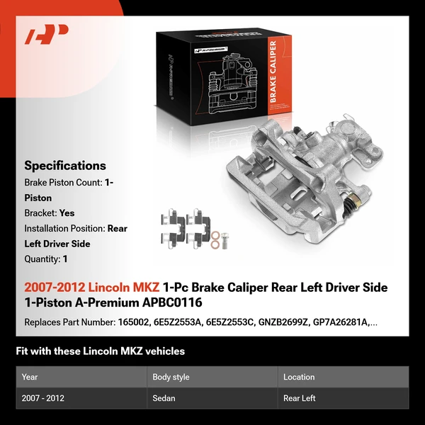 2007-2012 Lincoln MKZ 1-Pc Brake Caliper Rear Left Driver Side 1-Piston A-Premium APBC0116
