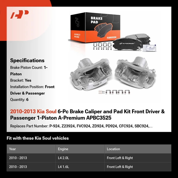 2010-2013 Kia Soul 6-Pc Brake Caliper and Pad Kit Front Driver & Passenger 1-Piston A-Premium APBC3525