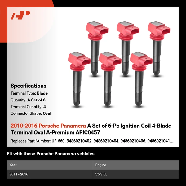2010-2016 Porsche Panamera A Set of 6-Pc Ignition Coil 4-Blade Terminal Oval A-Premium APIC0457